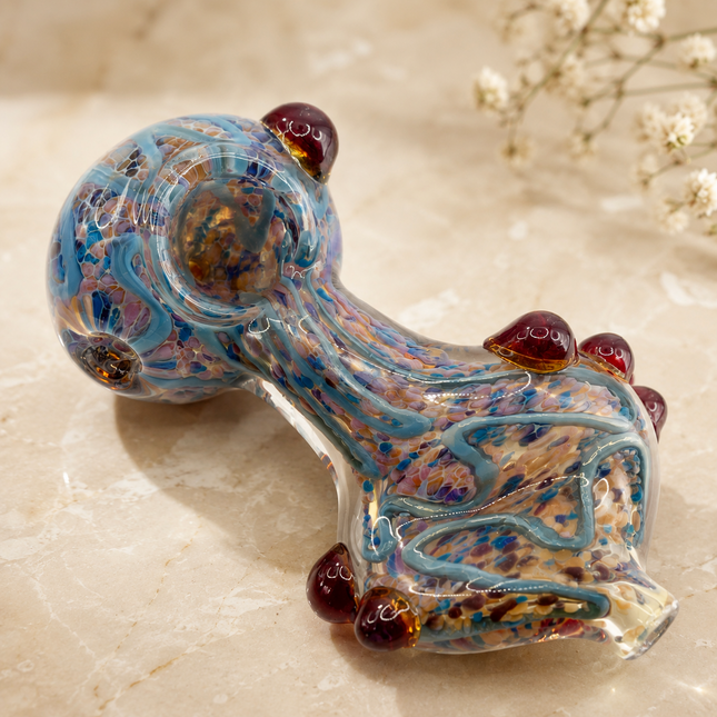 Pastel Blue Twisted Body Glass Spoon Pipe with Burgundy Raised Accents - 5 Inch