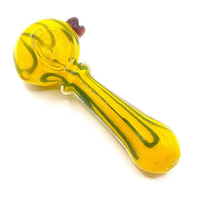Yellow Riddler Glass Spoon Pipe with Green Stripe – 4 Inch Hand Pipe Rounded Bow