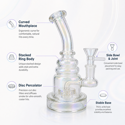 Rainbow Mirror Chrome Bent Neck Glass Water Pipe Disc Percolator 8 inch