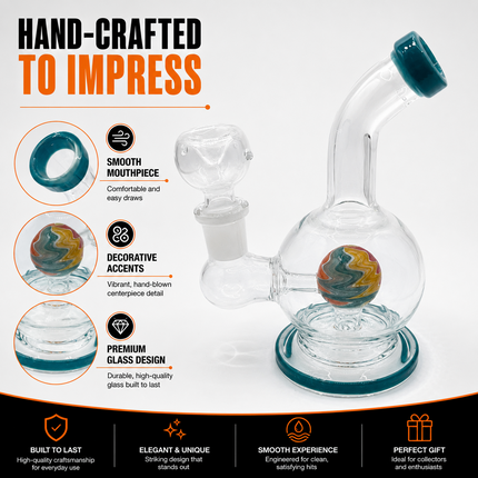 Teal Orb Perc Mini Glass Water Pipe – 6–6.5 Inch Round Bong with Bowl