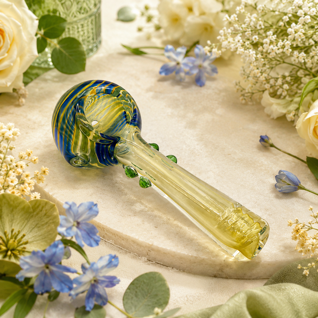 Sapphire Meadow Swirl Thick Glass Spoon Hand Pipe 4.5 Inch