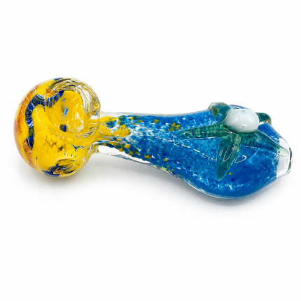Blue Yellow Glass Spoon Pipe with Green Starfish Accent - 4 inch