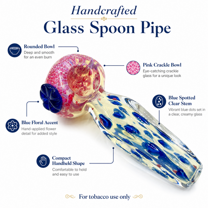 Red Crackle Blue Spotted Clear Glass Spoon Pipe with Flower Accent - 4.5 Inch