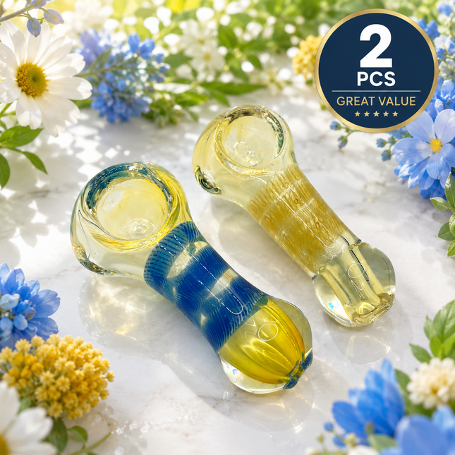 [2PC Bundle] Blue Frost Drift Handcraft Glass Pipes Blue Clear Yellow 3 inch