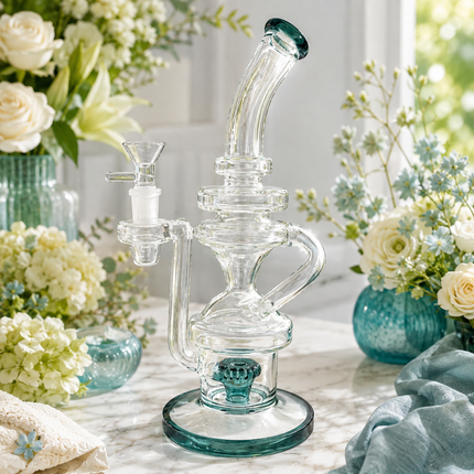Teal Recycler Glass Water Pipe High Quality 14mm Bowl Curved Neck 11 inch