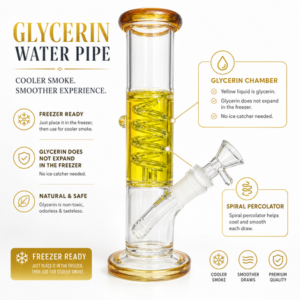 Amber Chill Freezer Ready Glycerin Glass Water Pipe 14mm Bowl 8.5 inch