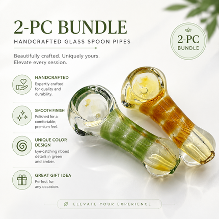 [2PC Bundle] Emerald Caramel Handcraft Glass Pipes Green Amber 3 inch