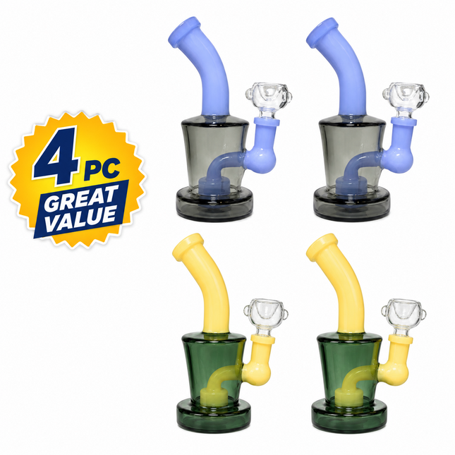 [4PC Bundle] Smoke/Light Blue + Dark Gray/Yellow Mini Glass Water Pipe Set