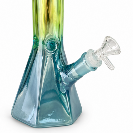 Blue Green Chrome Hexagon Glass Water Pipe Ice Catcher 14mm Bowl 10.5 inch