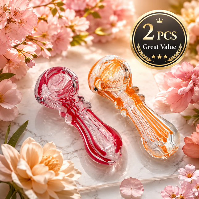 [2PC Bundle] Candy Ribbon Swirl Glass Hand Pipes 3 Inch Assorted Colors