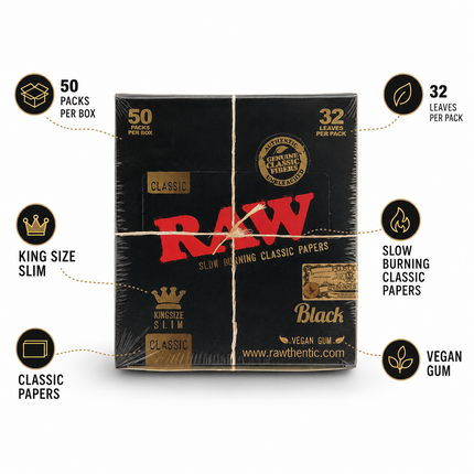 50 Packs RAW Black King Size Slim Papers Box, 32 Leaves Per Pack