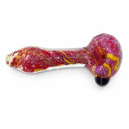 Crimson Red Yellow Web Twist Glass Spoon Pipe with Marble Accent - 4.5 inch