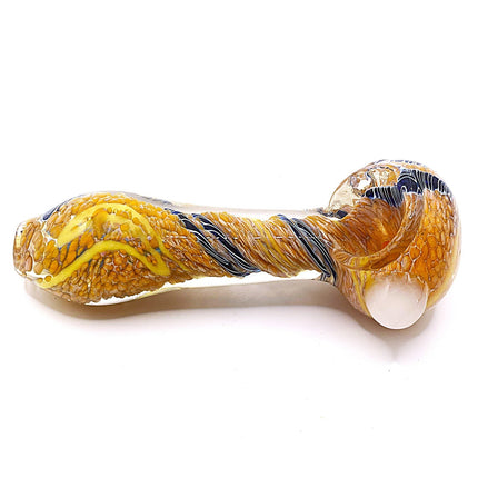 Camel Zebra Stripe Glass Spoon Pipe with Yellow Swirl – 4 Inch Hand Pipe Deep Bo