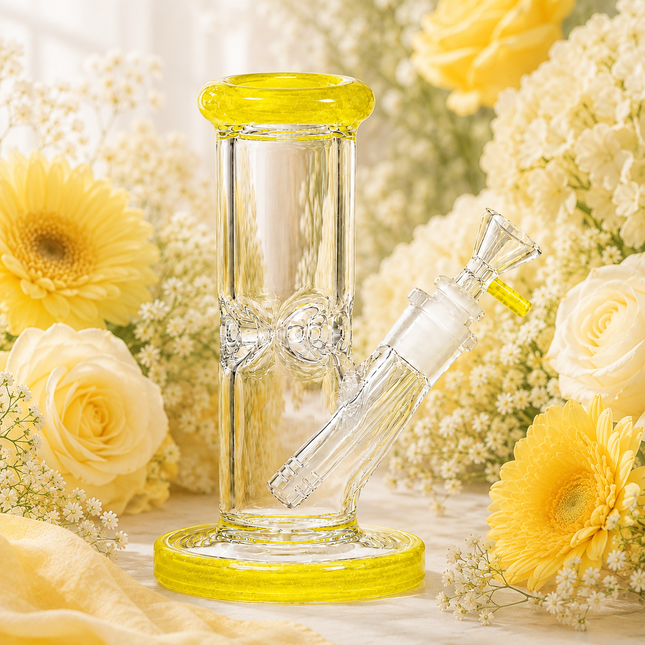 Yellow Accent Straight Tube Glass Water Pipe Ice Catcher Downstem 10 inch