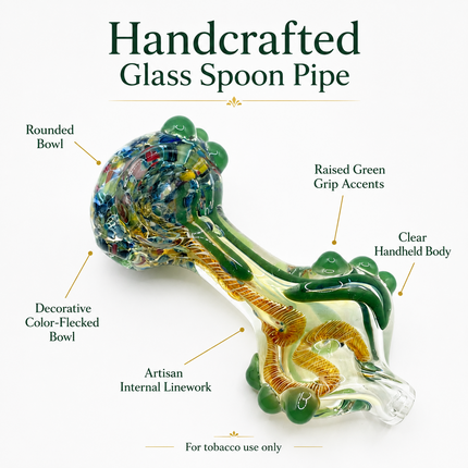 Green Gold Twist Glass Spoon Pipe Multicolor Bowl Marble Accents - 4 inch
