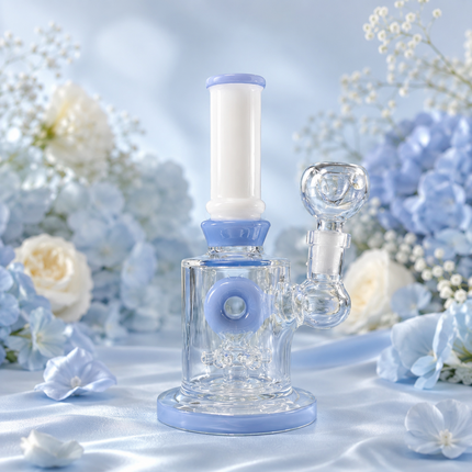 Milky Blue Bottle Glass Bong with Donut Percolator & Bowl - 7.5 inch