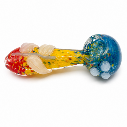 Sapphire Blue Yellow Red Confetti Glass Spoon Pipe with White Leaf - 4 inch