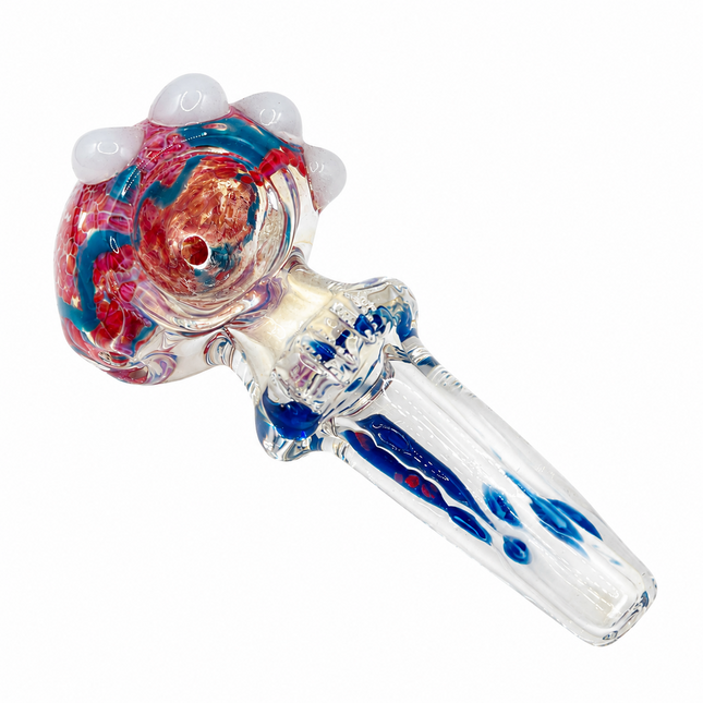 Ghost Clear Crimson Sapphire Glass Spoon Pipe with White Marble Accents - 4.5 in