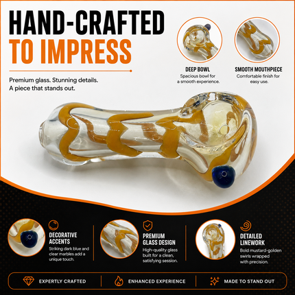 Golden Ribbon Clear Glass Spoon Pipe with Blue Accent – 3–3.5 Inch Mini Hand Pip