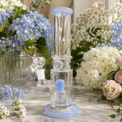 Light Blue Accent Straight Tube Glass Water Pipe Ice Catcher 14mm - 8.5 inch