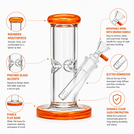 Orange Accent Straight Tube Glass Water Pipe Ice Catcher Downstem 10 inch