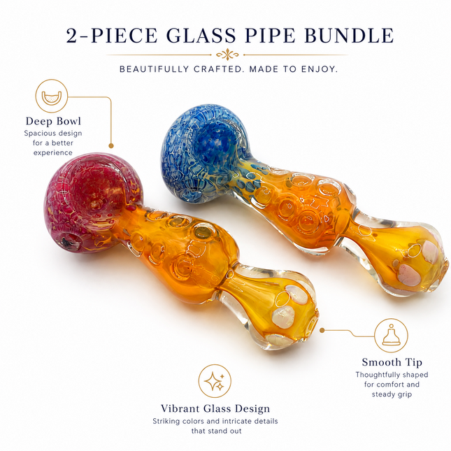 [2PC Bundle] Ocean Flame Ribbon Glass Hand Pipe Blue Orange Swirl 4.5 Inch
