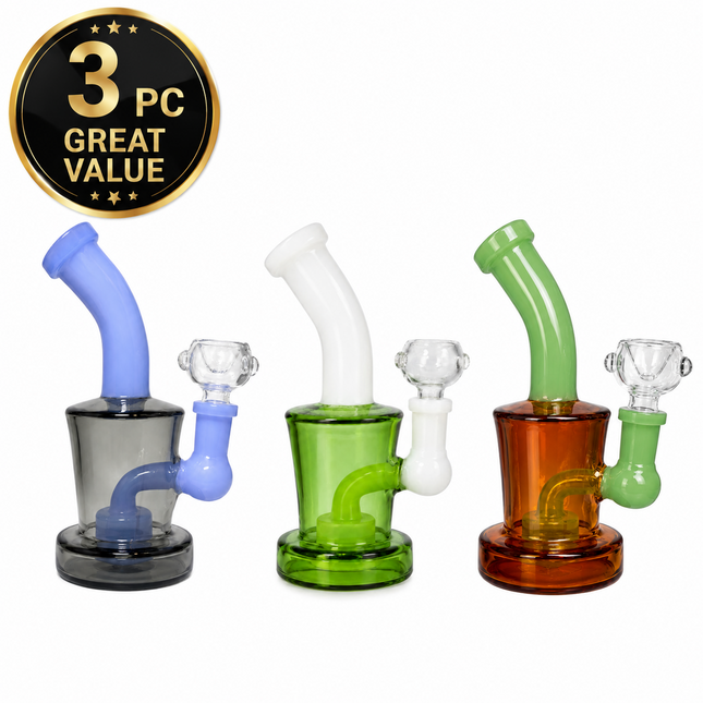 [3PC Bundle] 6" Mini Glass Water Pipe Set Smoke Blue Green Amber Green 14mm