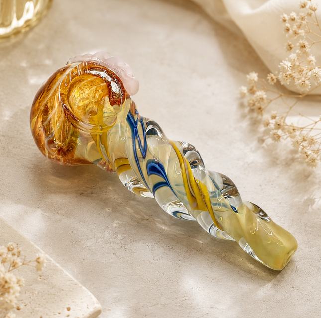 Topaz Blue Conch Twist Glass Spoon Pipe with White Marble Accents - 4 inch