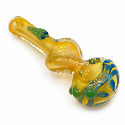 Amber Yellow Glass Spoon Pipe Green Caterpillar Blue Swirl Accent - 4.5 inch