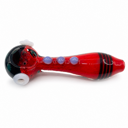 Red Frit Glass Spoon Pipe with White Marbles and Lavender Dots - 5 Inch