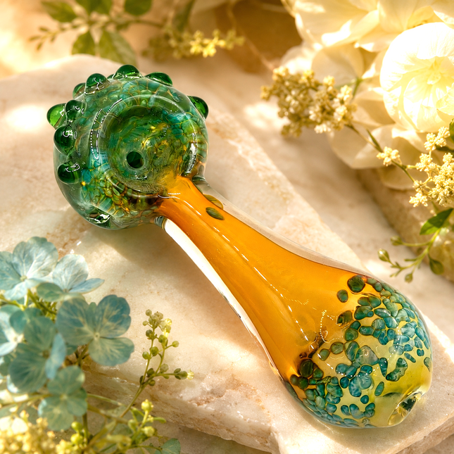 Amber Teal Crackle Glass Spoon Pipe with Green Marble Accents - 4.5 Inch