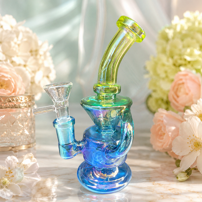 Mini Blue Green Chrome Recycler Glass Bong with Bowl & Loop Handle - 6 inch
