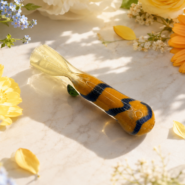 Amber Navy Wave Handcraft Glass Chillum Pipe Orange Blue 3~3.5 inch