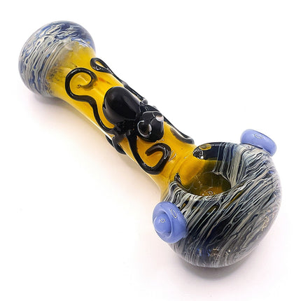 Amber Spider Glass Spoon Pipe with Marbled Ends – 5 Inch Hand Pipe Deep Bowl