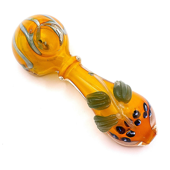 Pumpkin Patch Glass Spoon Pipe with Green Leaf Detail – 4 Inch Hand Pipe