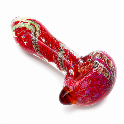 Crimson Red Silver Web Twist Glass Spoon Pipe Amber Marble Accent - 4.5 inch