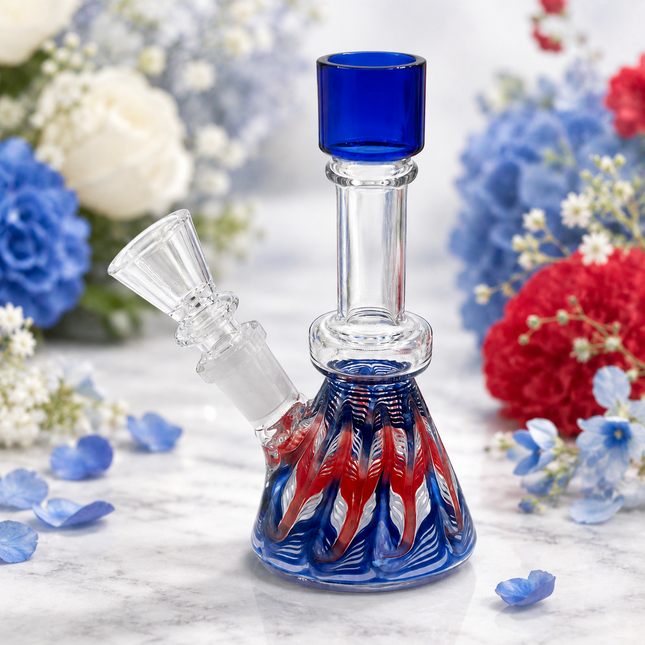 Cobalt Patriot Swirl 14mm Mini Beaker Glass Water Pipe Straight Neck