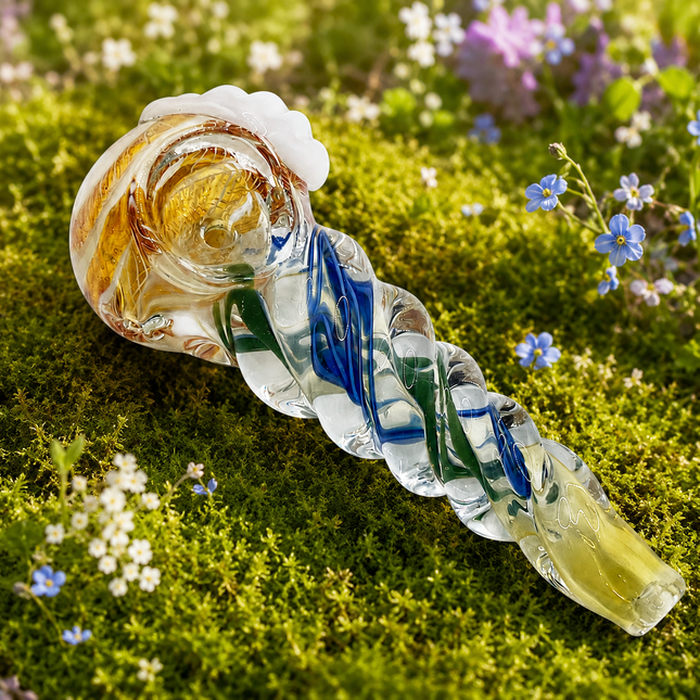 Amber White Ribbon Grip Glass Spoon Pipe – 4 Inch Hand Pipe