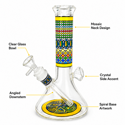 Solar Temple Aztec Mandala Glass Bong Yellow Clear 10 Inch
