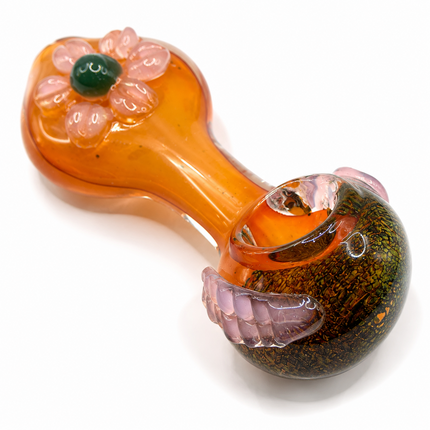 Amber Daisy Glass Spoon Pipe Pink Flower Accent 5 Inch Hand Pipe
