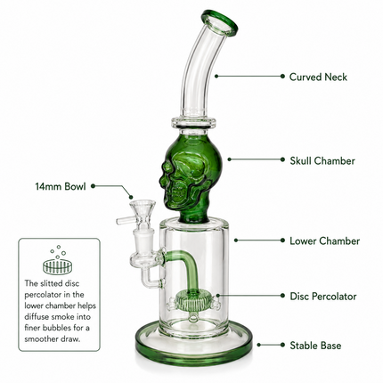 Green Skull Glass Water Pipe Showerhead Percolator Bent Neck 11 inch