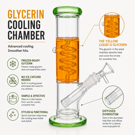 Green Orange Freezer Ready Glycerin Coil Glass Bong 14mm Bowl 8.5 inch
