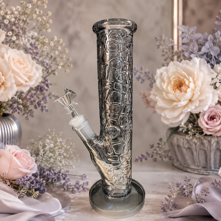 Midnight Chrome Smoke Gray Textured Straight Tube Glass Bong 14mm Bowl – 12 Inch