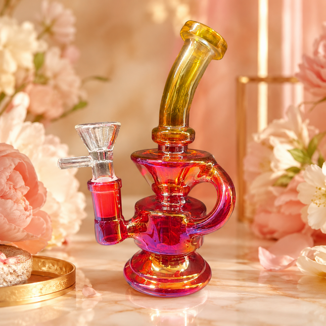 Mini Red Gold Chrome Recycler Glass Bong with Bowl & Loop Handle - 6 inch