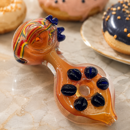 Amber Rainbow Stripe Glass Spoon Pipe with Black Dot Grips - 5 Inch