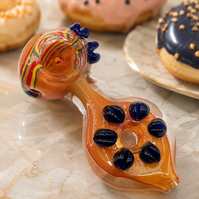 Amber Rainbow Stripe Glass Spoon Pipe with Black Dot Grips - 5 Inch