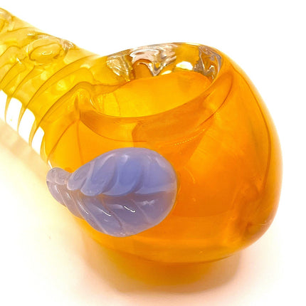 Pumpkin Glass Spoon Pipe with Purple Leaf Detail – 4 Inch Hand Pipe Deep Bowl