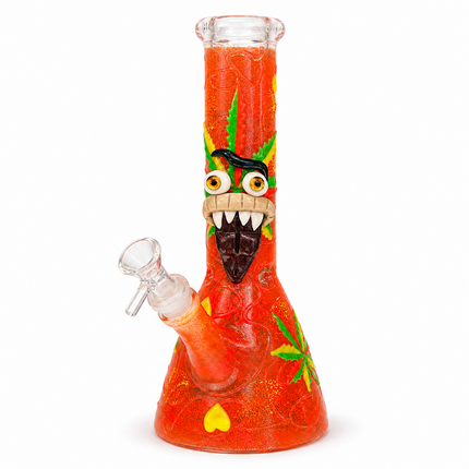 [Glow in the Dark] Goblin Face Beaker Glass Water Pipe Orange Art Glass 11 inch