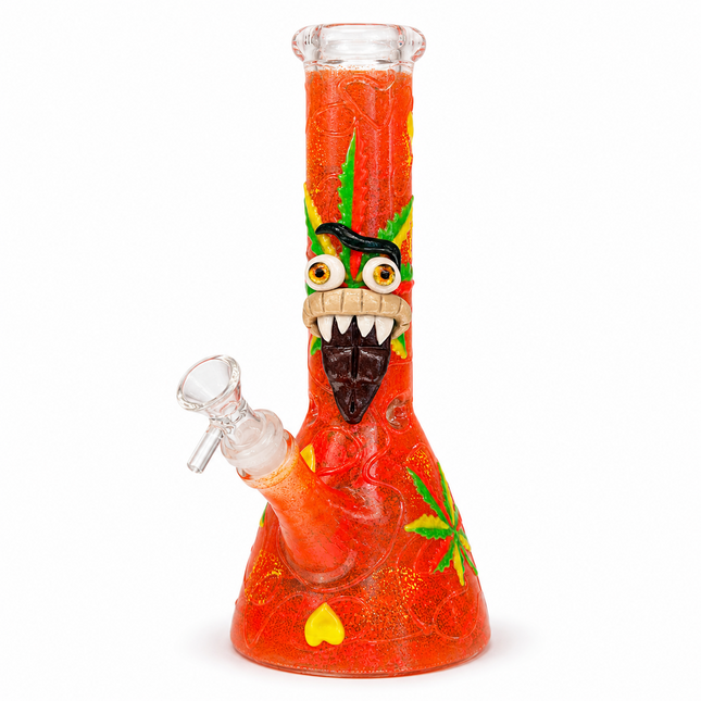 [Glow in the Dark] Goblin Face Beaker Glass Water Pipe Orange Art Glass 11 inch