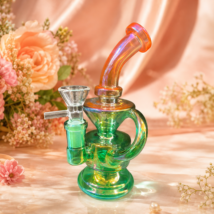 Mini Green Orange Chrome Recycler Glass Bong with Bowl & Loop Handle - 6 inch